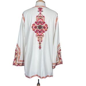 Soft Surroundings Embroidered Bohemian Indie Tunic Top Medium White Orange Red